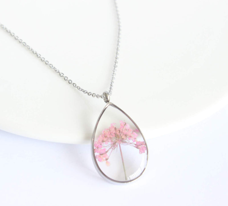 Teardrop Pressed Flower Pendant Necklace, Real Dried Flower Resin Jewellery