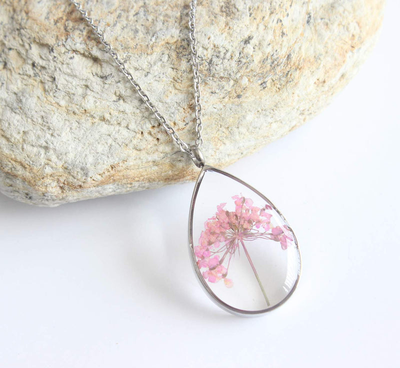 Teardrop Pressed Flower Pendant Necklace, Real Dried Flower Resin Jewellery