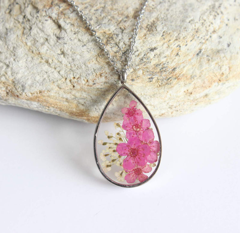 Teardrop Pressed Flower Pendant Necklace, Real Dried Flower Resin Jewellery