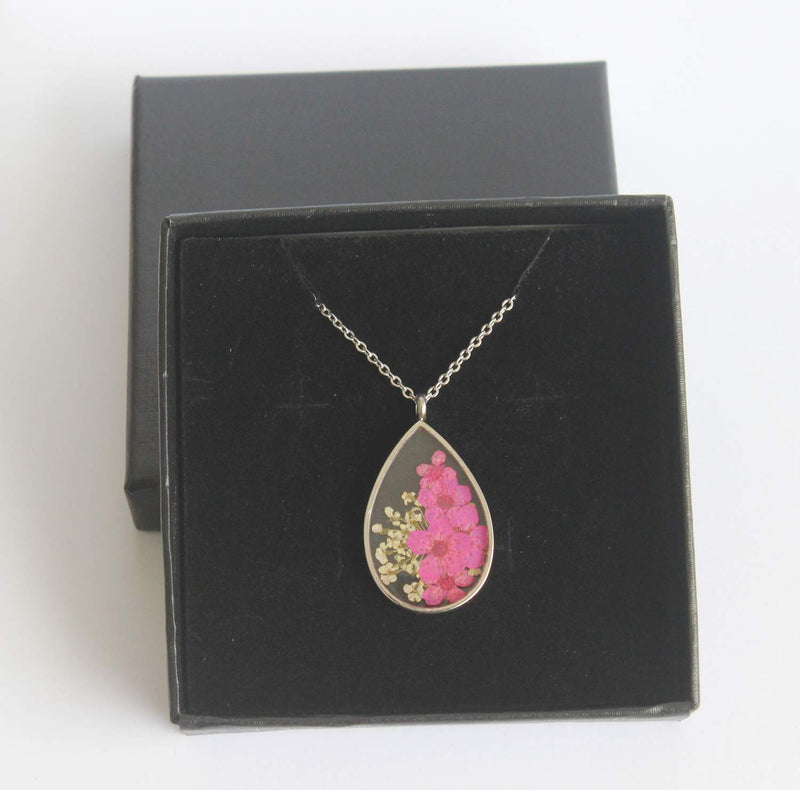 Teardrop Pressed Flower Pendant Necklace, Real Dried Flower Resin Jewellery