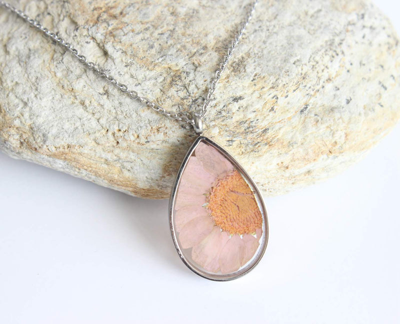 Teardrop Pressed Flower Pendant Necklace, Real Dried Flower Resin Jewellery