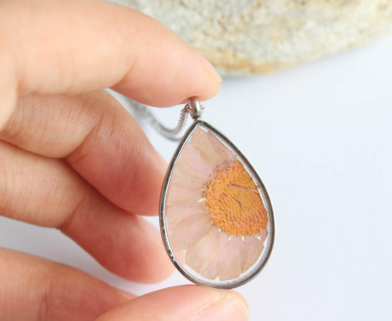 Teardrop Pressed Flower Pendant Necklace, Real Dried Flower Resin Jewellery