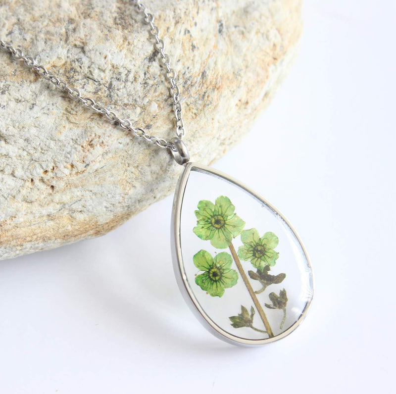 Teardrop Pressed Flower Pendant Necklace, Real Dried Flower Resin Jewellery