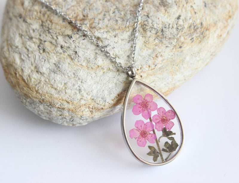 Teardrop Pressed Flower Pendant Necklace, Real Dried Flower Resin Jewellery