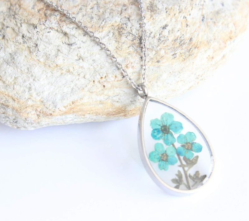 Teardrop Pressed Flower Pendant Necklace, Real Dried Flower Resin Jewellery