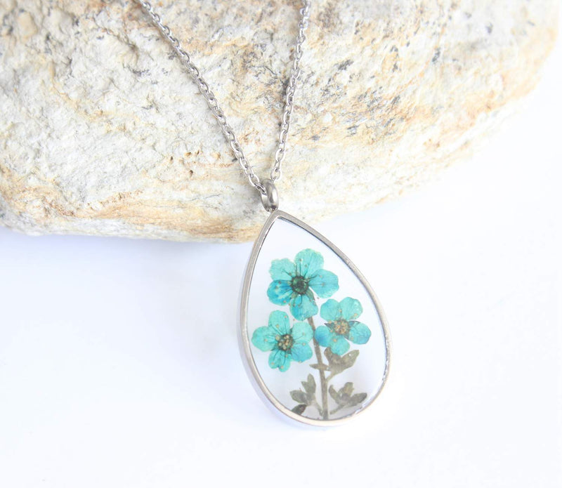 Teardrop Pressed Flower Pendant Necklace, Real Dried Flower Resin Jewellery