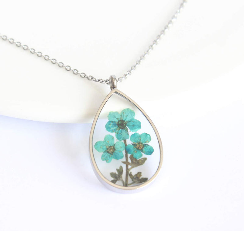 Teardrop Pressed Flower Pendant Necklace, Real Dried Flower Resin Jewellery