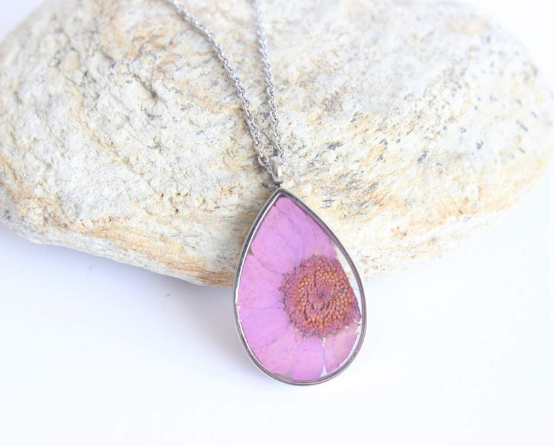 Teardrop Pressed Flower Pendant Necklace, Real Dried Flower Resin Jewellery