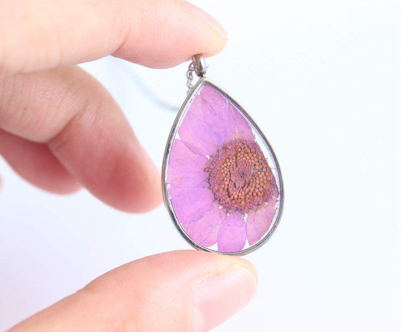 Teardrop Pressed Flower Pendant Necklace, Real Dried Flower Resin Jewellery