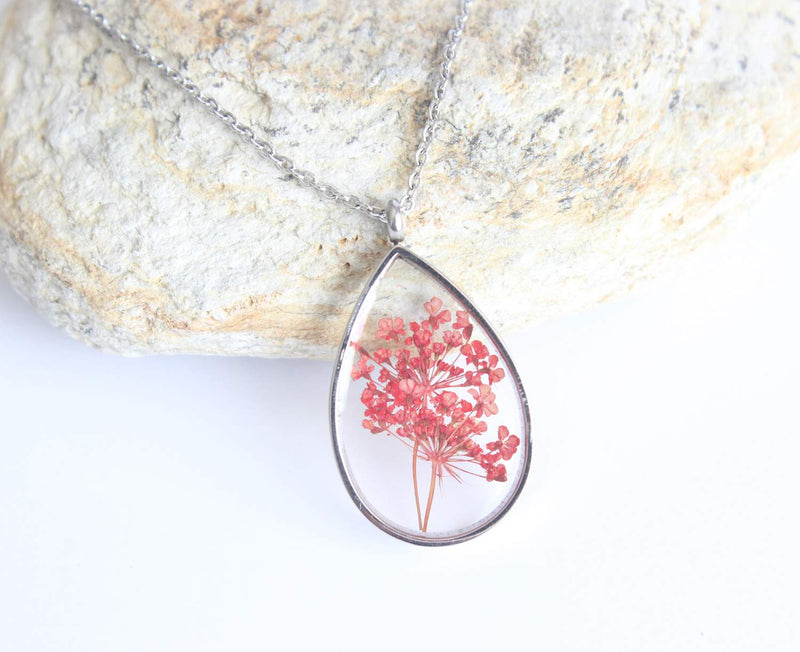 Teardrop Pressed Flower Pendant Necklace, Real Dried Flower Resin Jewellery