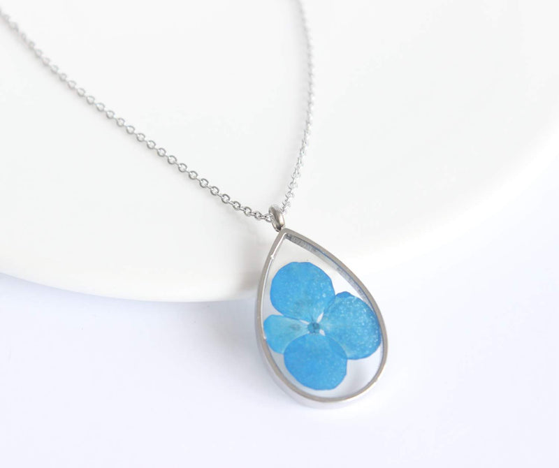 Teardrop Pressed Flower Pendant Necklace, Real Dried Flower Resin Jewellery