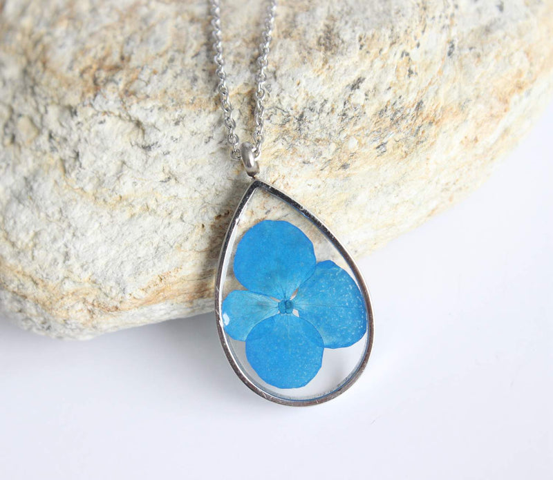 Teardrop Pressed Flower Pendant Necklace, Real Dried Flower Resin Jewellery