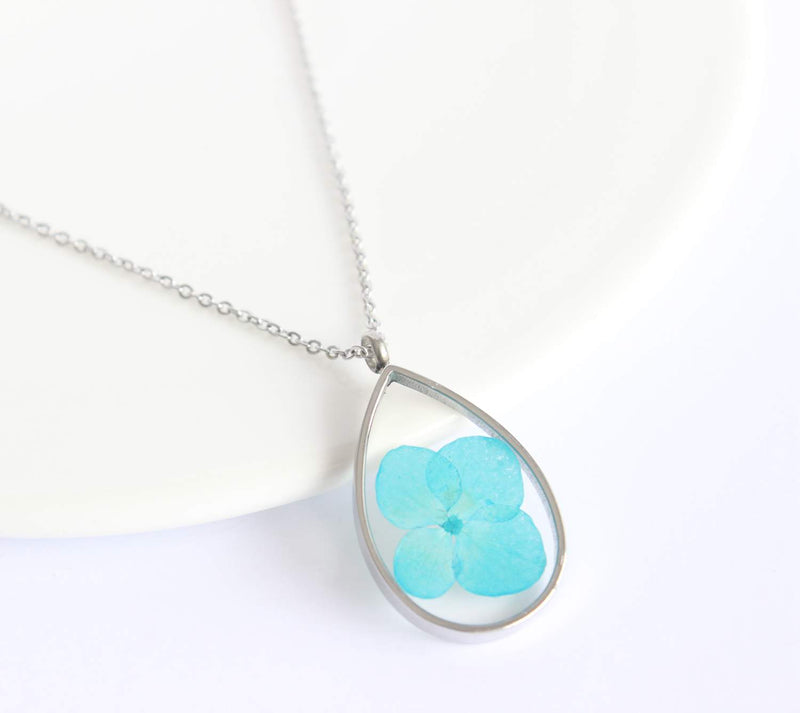 Teardrop Pressed Flower Pendant Necklace, Real Dried Flower Resin Jewellery