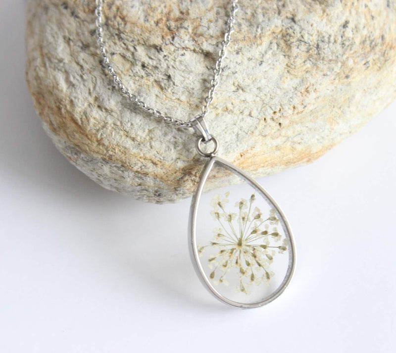 Teardrop Pressed Flower Pendant Necklace, Real Dried Flower Resin Jewellery