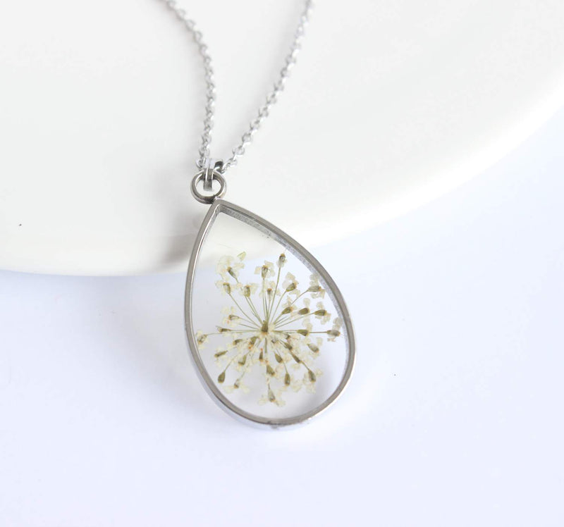 Teardrop Pressed Flower Pendant Necklace, Real Dried Flower Resin Jewellery