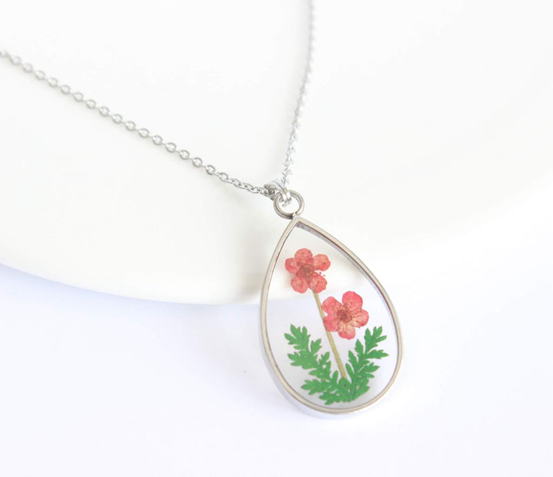 Teardrop Pressed Flower Pendant Necklace, Real Dried Flower Resin Jewellery