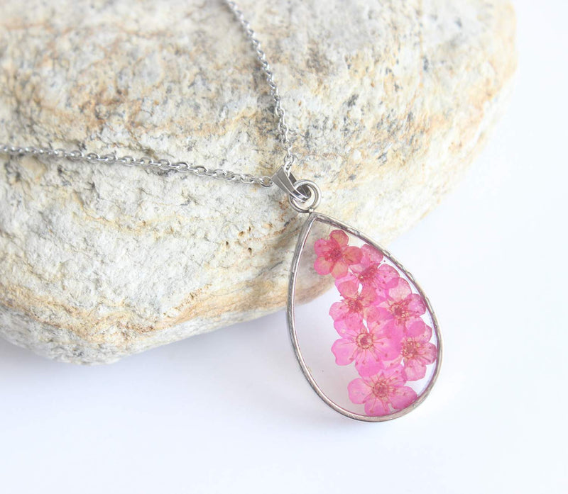 Teardrop Pressed Flower Pendant Necklace, Real Dried Flower Resin Jewellery