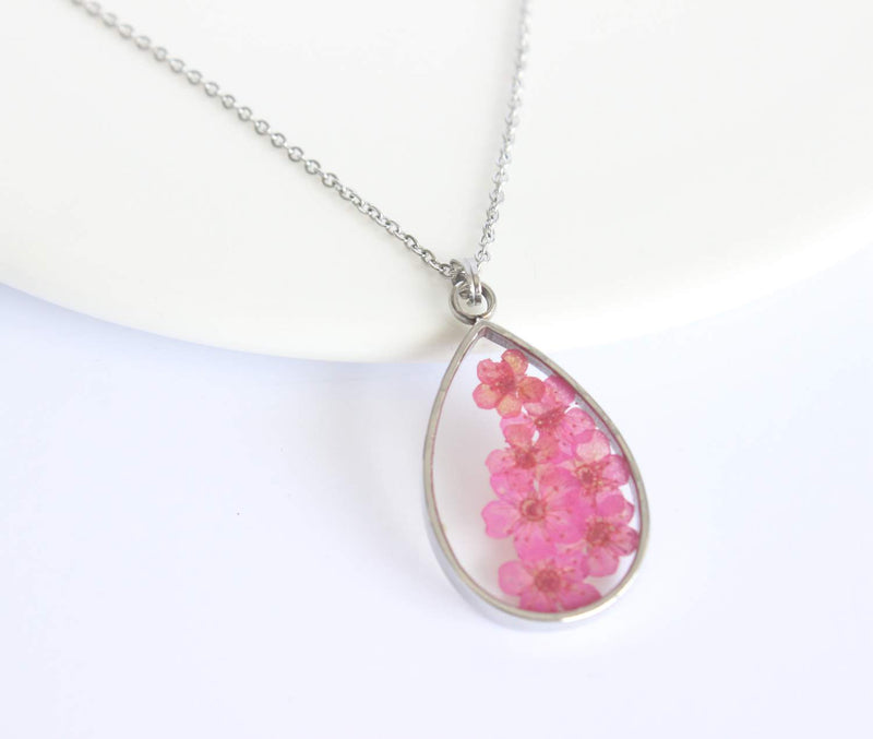 Teardrop Pressed Flower Pendant Necklace, Real Dried Flower Resin Jewellery