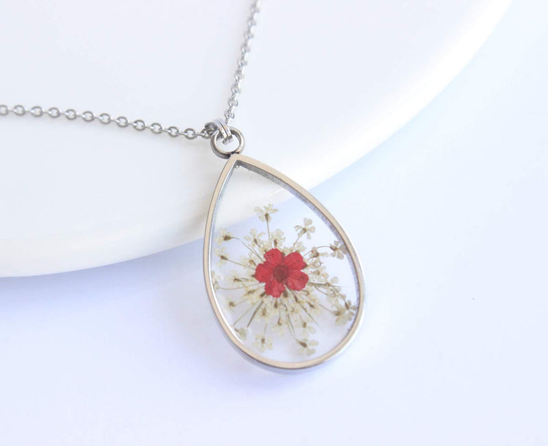 Teardrop Pressed Flower Pendant Necklace, Real Dried Flower Resin Jewellery