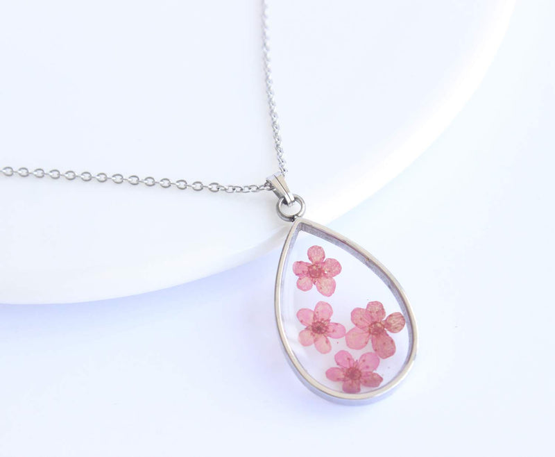 Teardrop Pressed Flower Pendant Necklace, Real Dried Flower Resin Jewellery