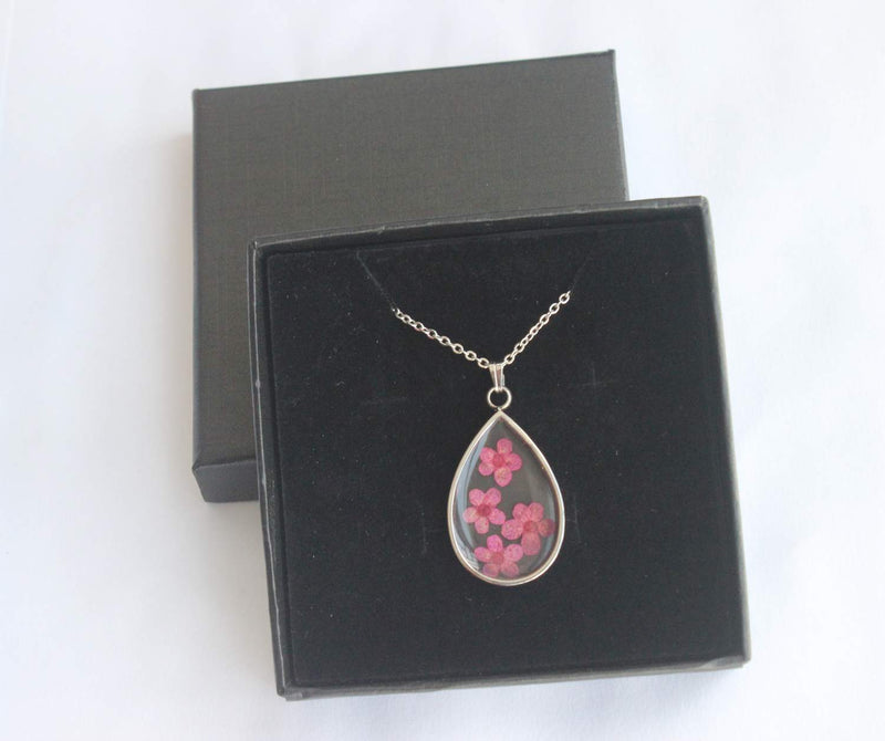 Teardrop Pressed Flower Pendant Necklace, Real Dried Flower Resin Jewellery