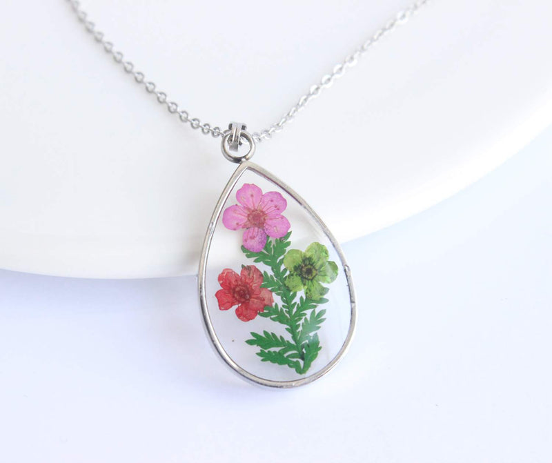 Teardrop Pressed Flower Pendant Necklace, Real Dried Flower Resin Jewellery