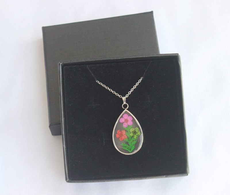 Teardrop Pressed Flower Pendant Necklace, Real Dried Flower Resin Jewellery