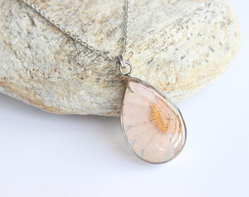 Teardrop Pressed Flower Pendant Necklace, Real Dried Flower Resin Jewellery