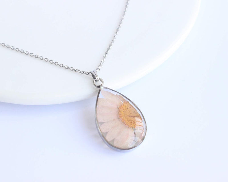 Teardrop Pressed Flower Pendant Necklace, Real Dried Flower Resin Jewellery