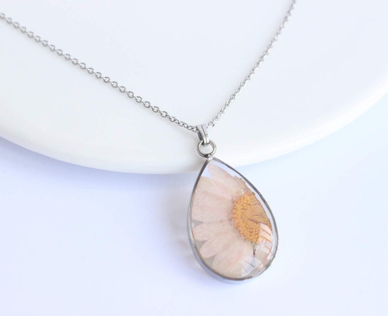 Teardrop Pressed Flower Pendant Necklace, Real Dried Flower Resin Jewellery