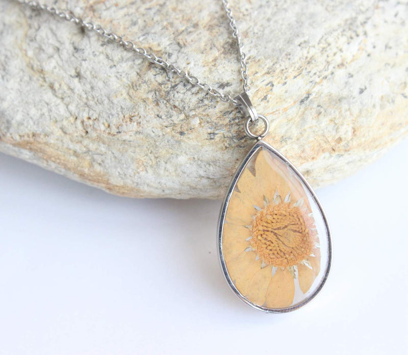 Teardrop Pressed Flower Pendant Necklace, Real Dried Flower Resin Jewellery