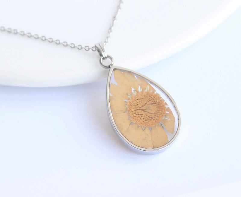 Teardrop Pressed Flower Pendant Necklace, Real Dried Flower Resin Jewellery