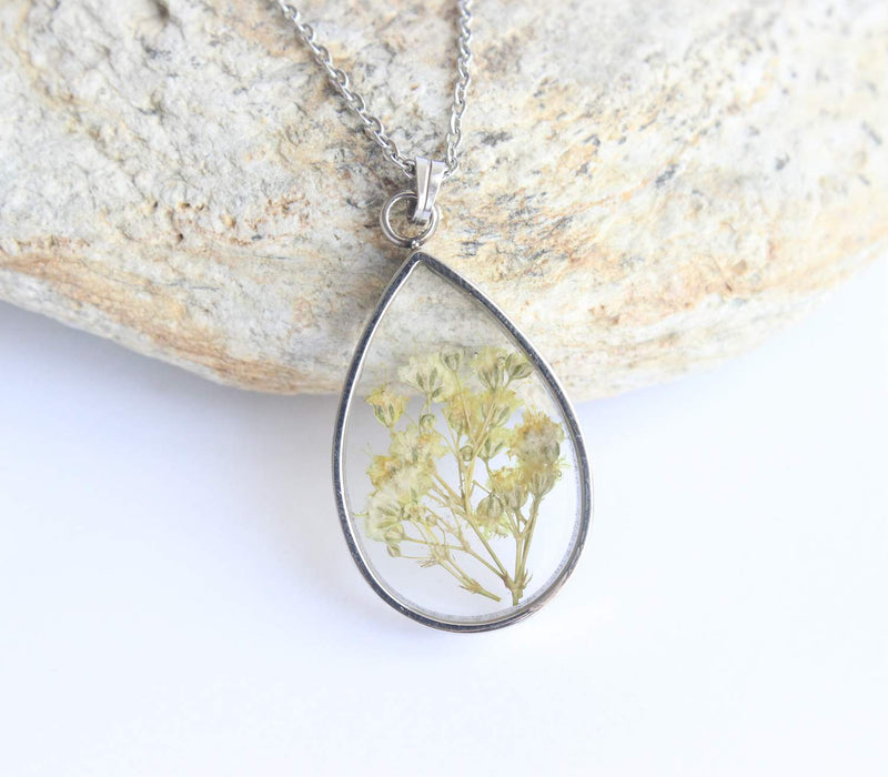 Teardrop Pressed Flower Pendant Necklace, Real Dried Flower Resin Jewellery