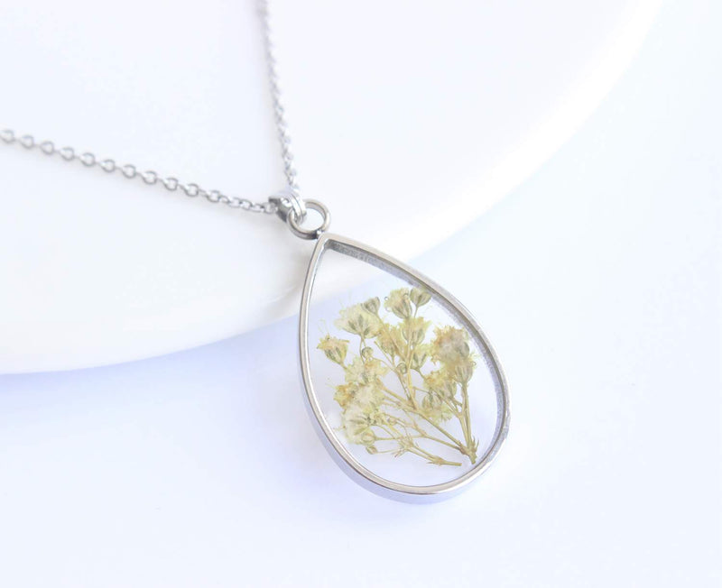 Teardrop Pressed Flower Pendant Necklace, Real Dried Flower Resin Jewellery