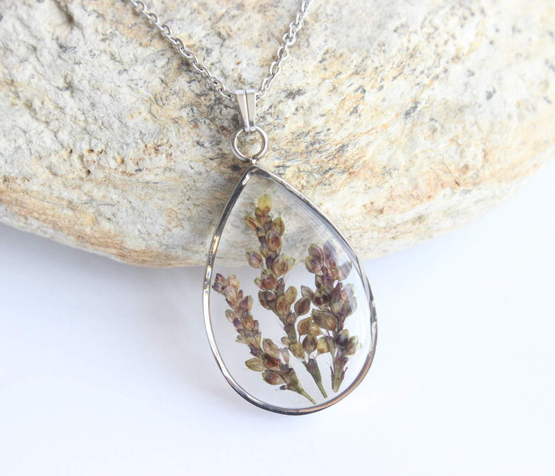 Teardrop Pressed Flower Pendant Necklace, Real Dried Flower Resin Jewellery