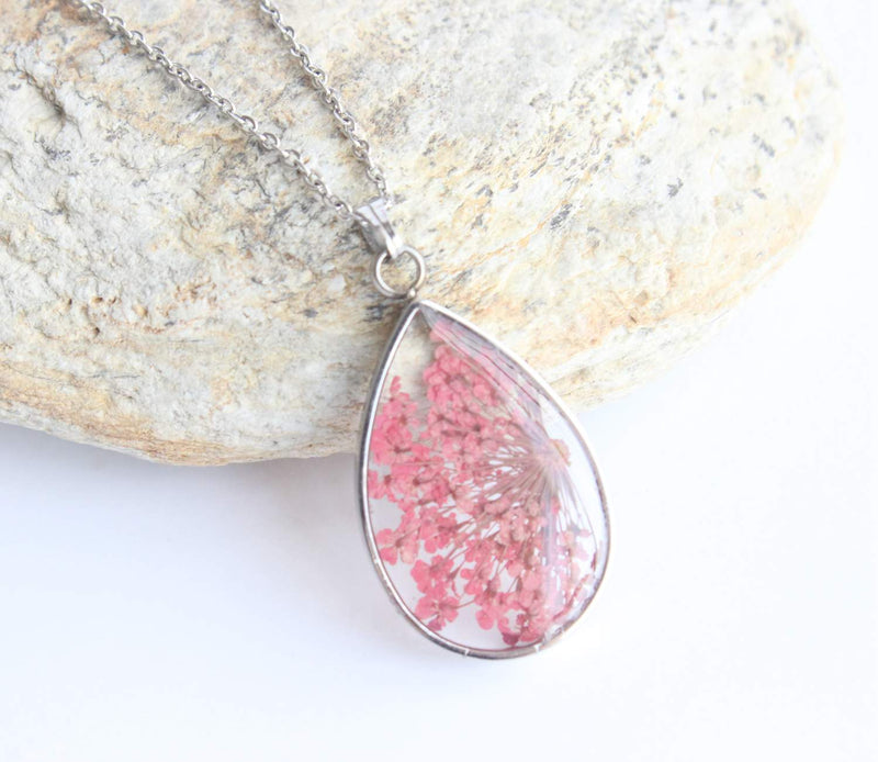 Teardrop Pressed Flower Pendant Necklace, Real Dried Flower Resin Jewellery