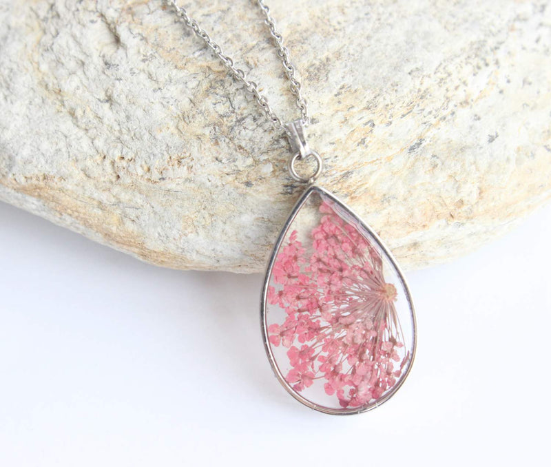 Teardrop Pressed Flower Pendant Necklace, Real Dried Flower Resin Jewellery