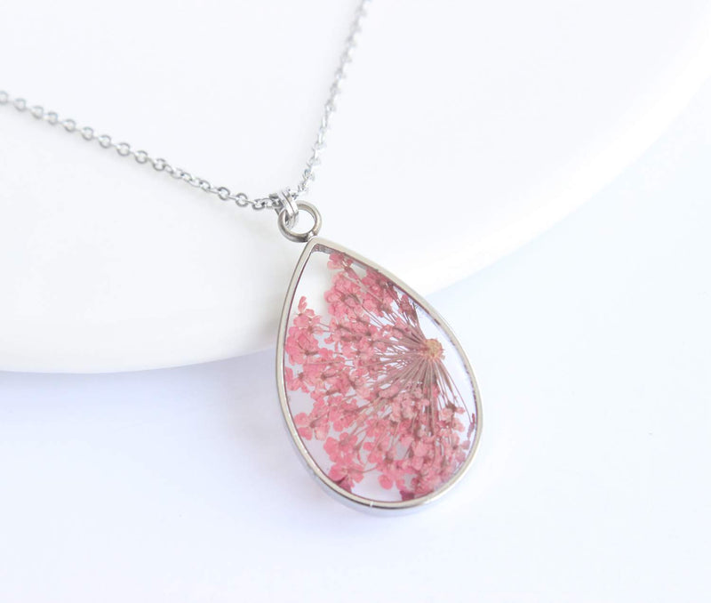 Teardrop Pressed Flower Pendant Necklace, Real Dried Flower Resin Jewellery