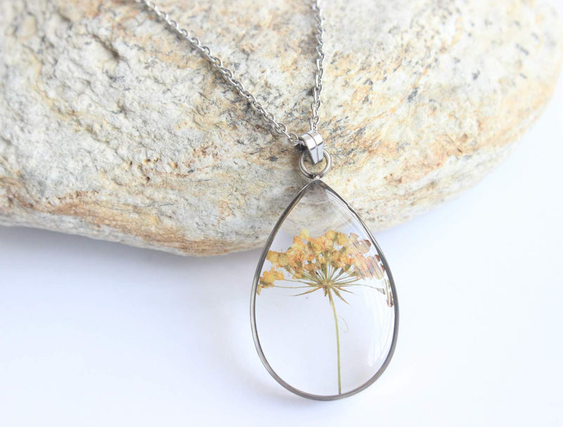 Teardrop Pressed Flower Pendant Necklace, Real Dried Flower Resin Jewellery