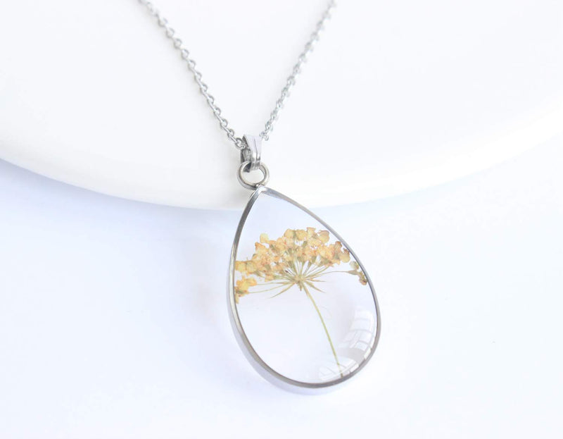 Teardrop Pressed Flower Pendant Necklace, Real Dried Flower Resin Jewellery