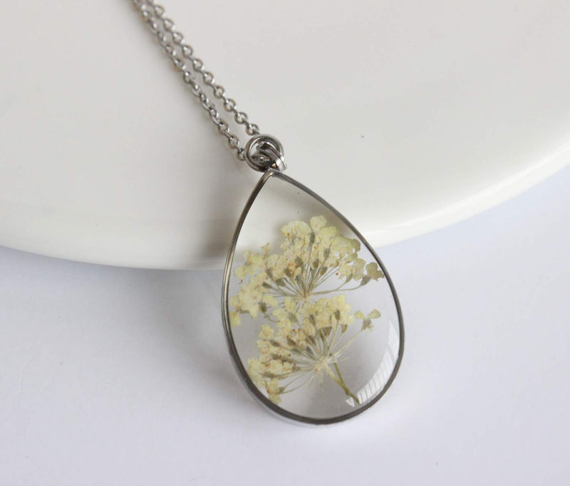 Teardrop Pressed Flower Pendant Necklace, Real Dried Flower Resin Jewellery