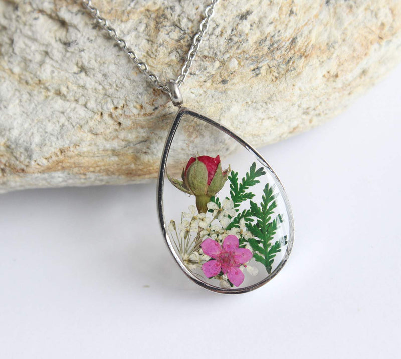 Teardrop Pressed Flower Pendant Necklace, Real Dried Flower Resin Jewellery