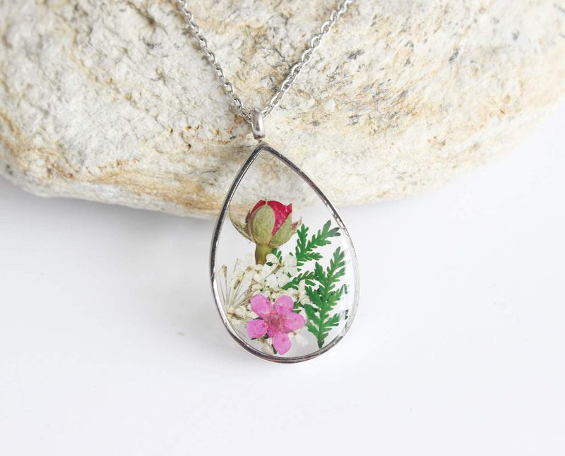 Teardrop Pressed Flower Pendant Necklace, Real Dried Flower Resin Jewellery