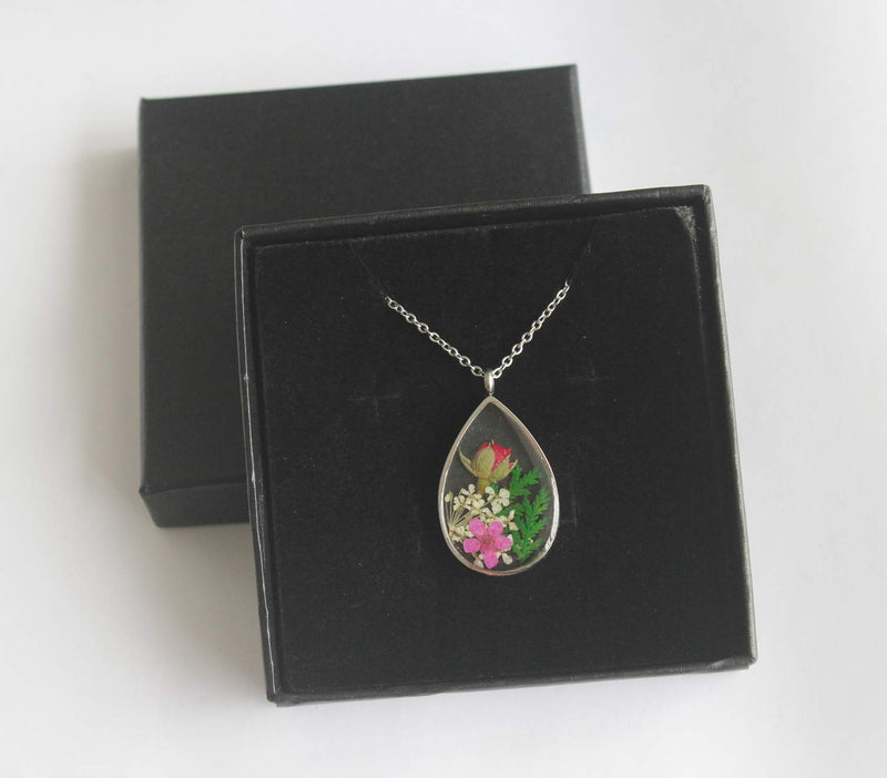 Teardrop Pressed Flower Pendant Necklace, Real Dried Flower Resin Jewellery