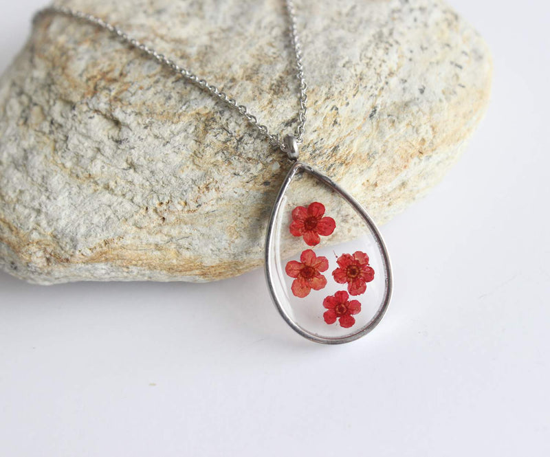 Teardrop Pressed Flower Pendant Necklace, Real Dried Flower Resin Jewellery