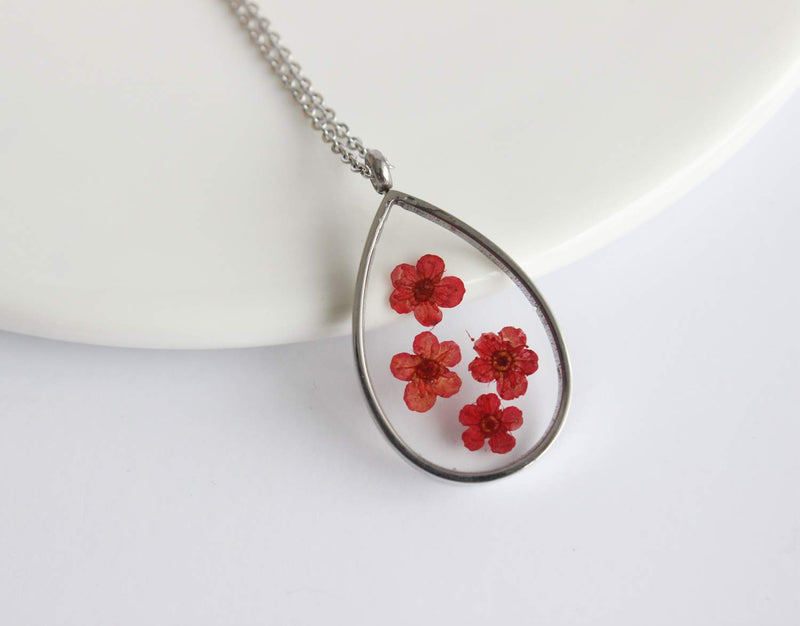 Teardrop Pressed Flower Pendant Necklace, Real Dried Flower Resin Jewellery