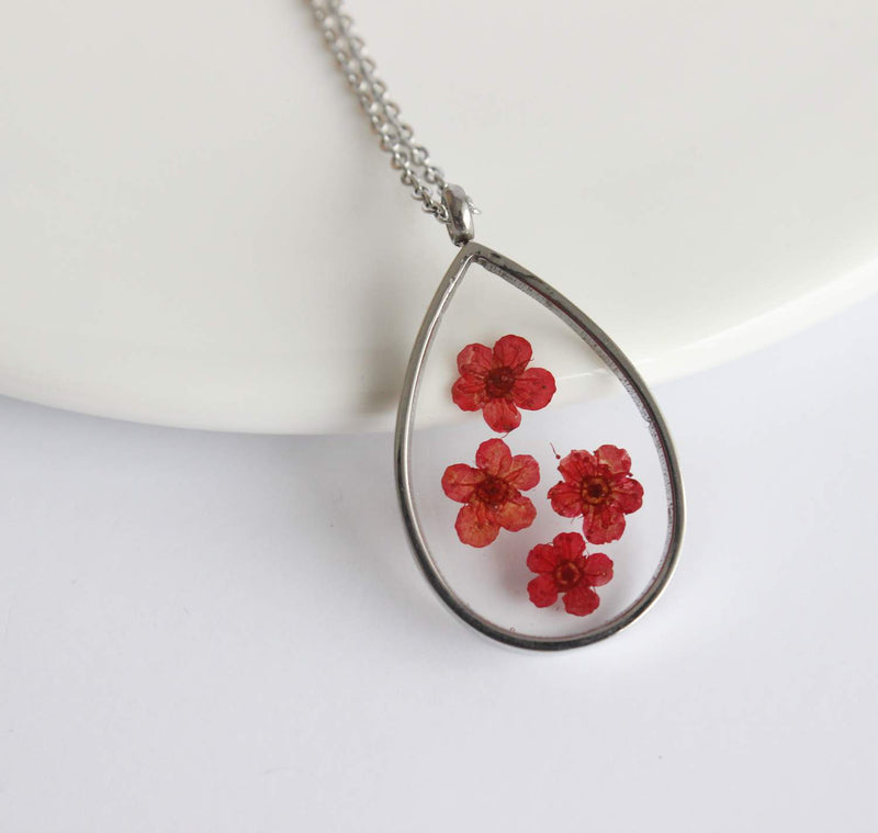 Teardrop Pressed Flower Pendant Necklace, Real Dried Flower Resin Jewellery