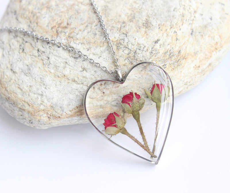 Heart Pressed Flower Pendant Necklace, Real Dried Flower Resin Jewellery