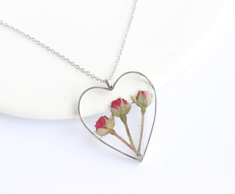 Heart Pressed Flower Pendant Necklace, Real Dried Flower Resin Jewellery