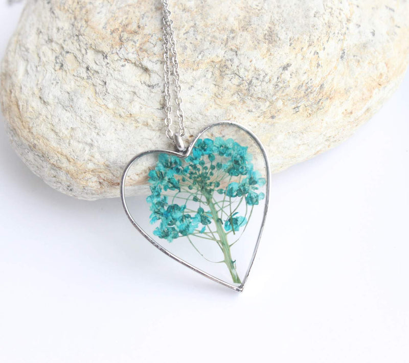 Heart Pressed Flower Pendant Necklace, Real Dried Flower Resin Jewellery